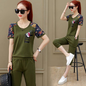 韩版 宽松大码 时尚 运动套装 七分裤 2023新款 短袖 休闲跑步服春夏 女装