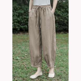 哈伦裤 设计感蕾丝拼接棉麻九分灯笼裤 纯棉休闲裤 新款 松紧 女春夏季