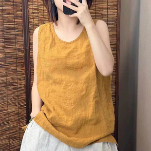 文艺复古圆领休闲宽松大码夏季新款棉麻凉快背心女装棉款无袖上衣