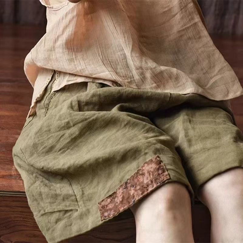 复古印花棉麻休闲短裤女贴布拼接纯色高腰宽松显瘦阔腿运动五分裤
