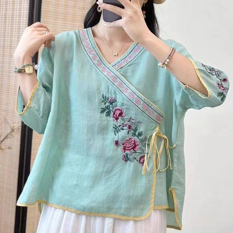 春夏季新款长袖国风女装新中式重工刺绣棉麻中袖V领系带开衫上衣,女装/女士精品,衬衫,淘宝优惠券,粉丝福利购,淘宝优惠卷