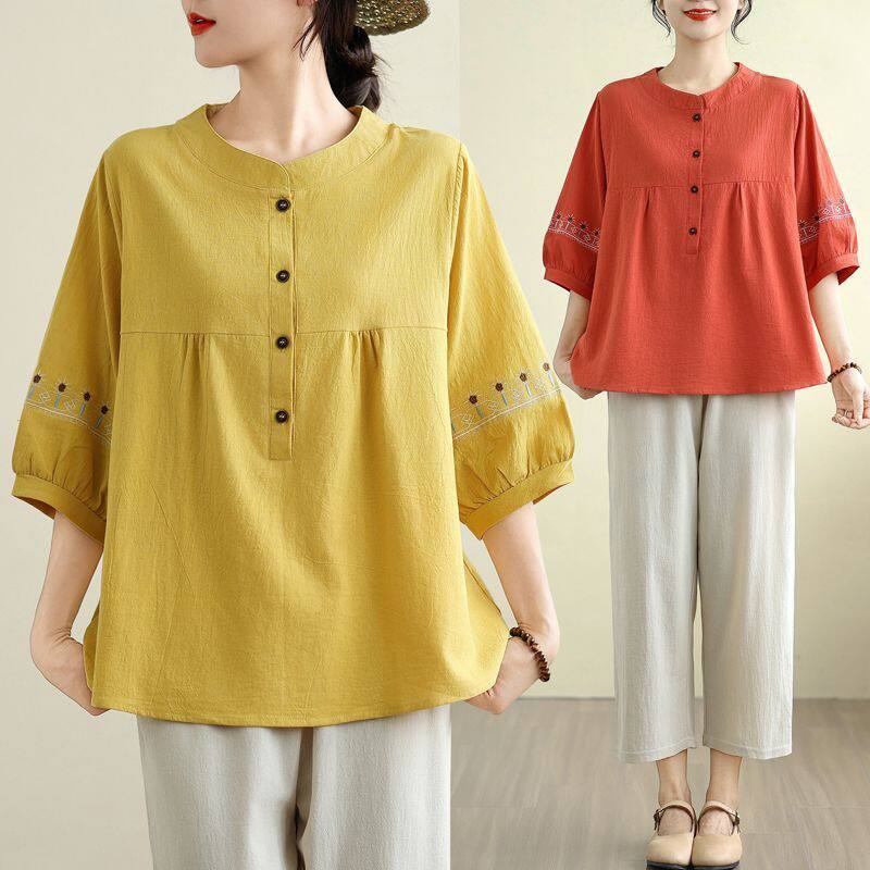 文艺气质妈妈装大码女装时尚棉麻短袖上衣夏季新款灯笼袖中袖T恤
