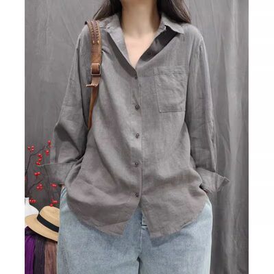 2026春夏季新款薄款开衫POLO领港风气质文艺复古棉款长袖宽松衬衫