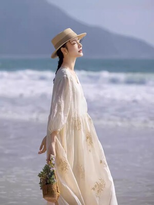 文艺苎麻连衣裙度假沙滩裙