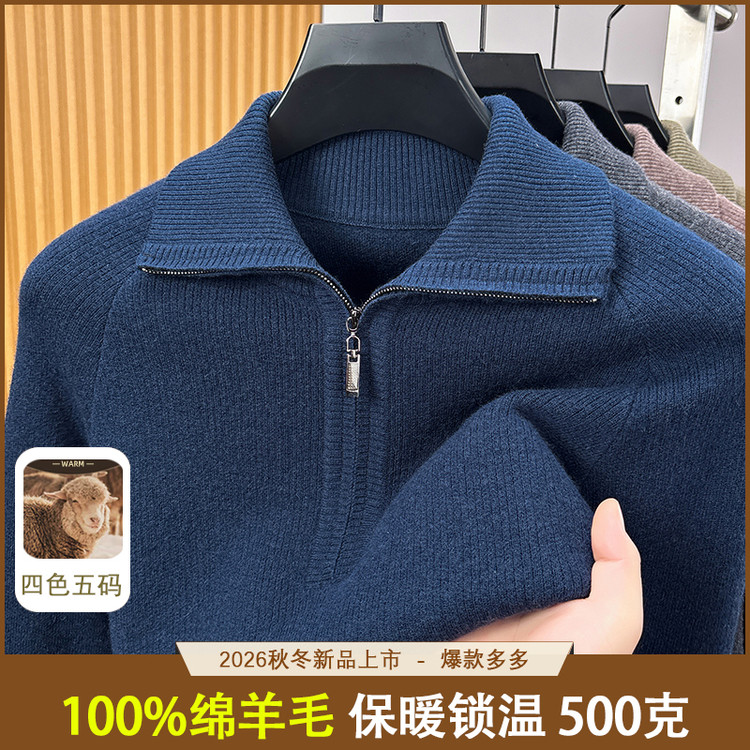 中翻领拉链宽松羊毛针织衫新款男秋冬季加绒加厚保暖毛衣打底衫