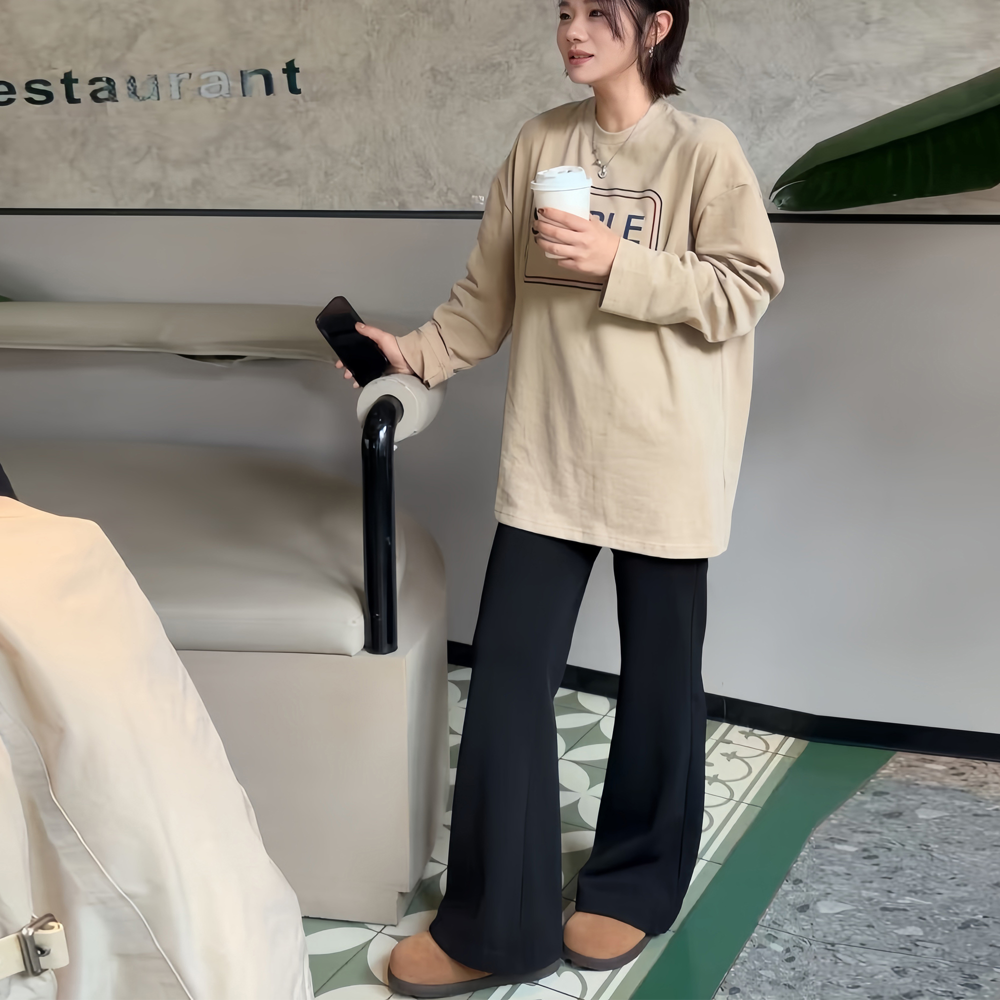 XUZI YU.小个子定制字母印花长袖T恤女宽松圆领百搭休闲7730-T162