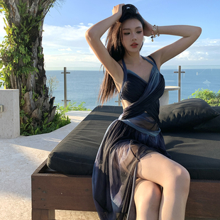 韩国ins风 优雅女神黑蓝色扎染高级感沙滩裙式比基尼泳衣马尔代夫