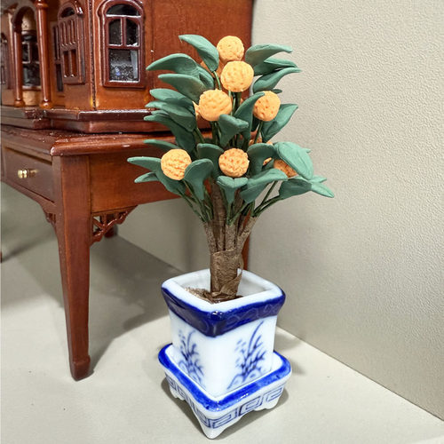1:12娃娃屋dollhouse迷你粘土花植物桔子树盆栽 金橘树陶瓷盆国风