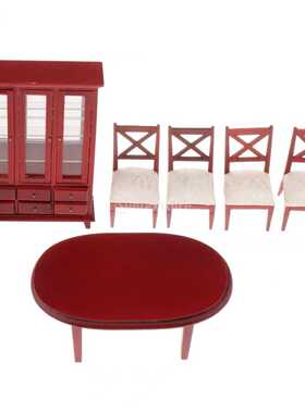 1:12娃娃屋12分迷你家具GSC模型OB11餐厅 红木色展示柜餐椅餐桌新