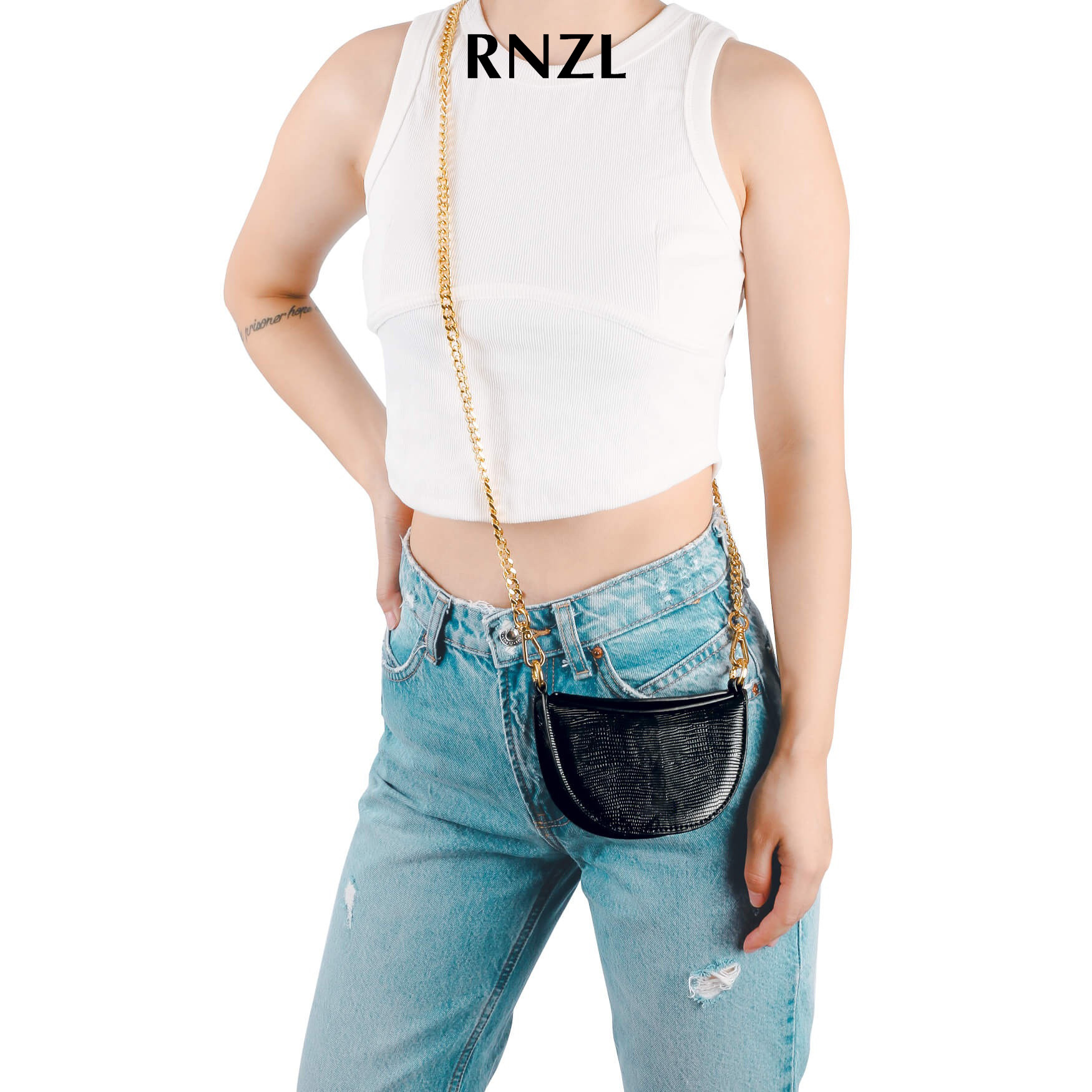 RNZL 月亮包黑色波浪纹时尚百搭单肩斜挎包女简约风格小众手提包