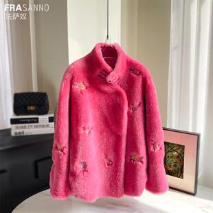 重工刺绣 西班牙进口皮草复古时尚 羊皮毛一体女外套2025年冬季 新款