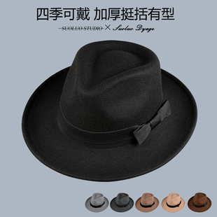 呢子帽女秋冬季上海滩复古黑色毛呢帽毡帽遮阳帽男新郎礼帽英伦帽