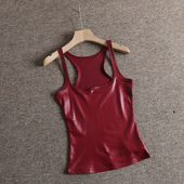 ins欧美博主纯欲辣妹性感仿漆皮修身 方领工字打底背心女