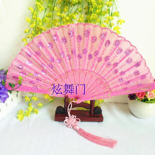 7把包邮咏春招待舞蹈扇子7寸儿童孔雀亮片扇单面女折扇红紫白黑红