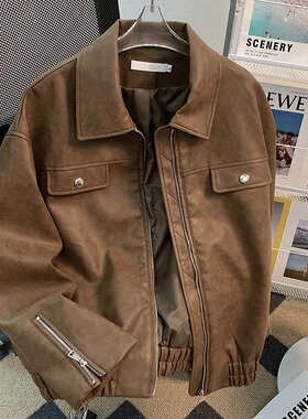 Brown leather jacket men's American retro street jacket夹克