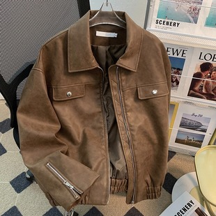 Brown leather jacket men's American retro street jacket夹克