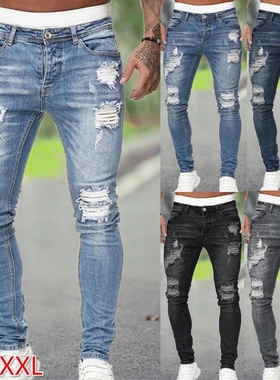 Men Jeans Regular Fit Hole Jean Pants Spring Autumn Streetwe
