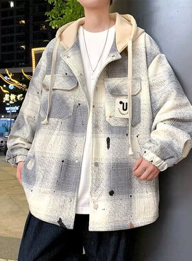 春秋季2026新款格子外套男士宽松连帽休闲夹克潮流上衣men's coat