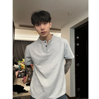 Waffle Henley collar short sleeved T-shirt for men American