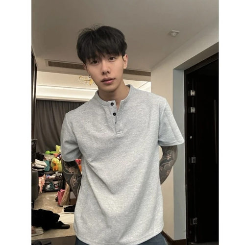 Waffle Henley collar short sleeved T-shirt for men American
