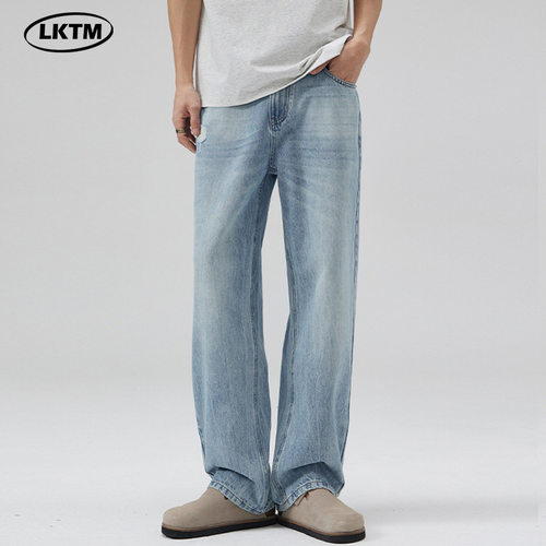 American retro washed ice blue jeans men simple loose pants
