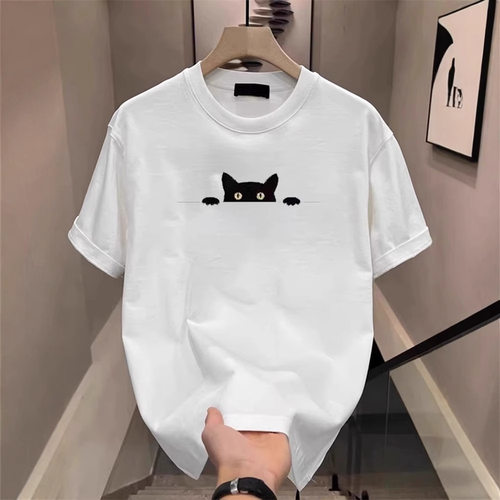 Men'S Casual Black T-Shirt  Cute Cat Design Soft Polyester