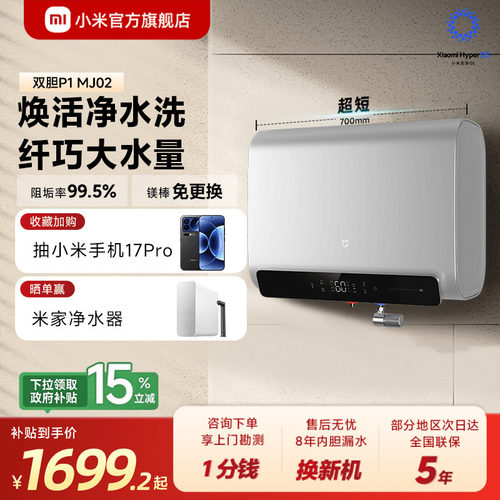 小米官旗米家智能双胆电热水器P1家用洗澡卫生间速热阻垢MJ02