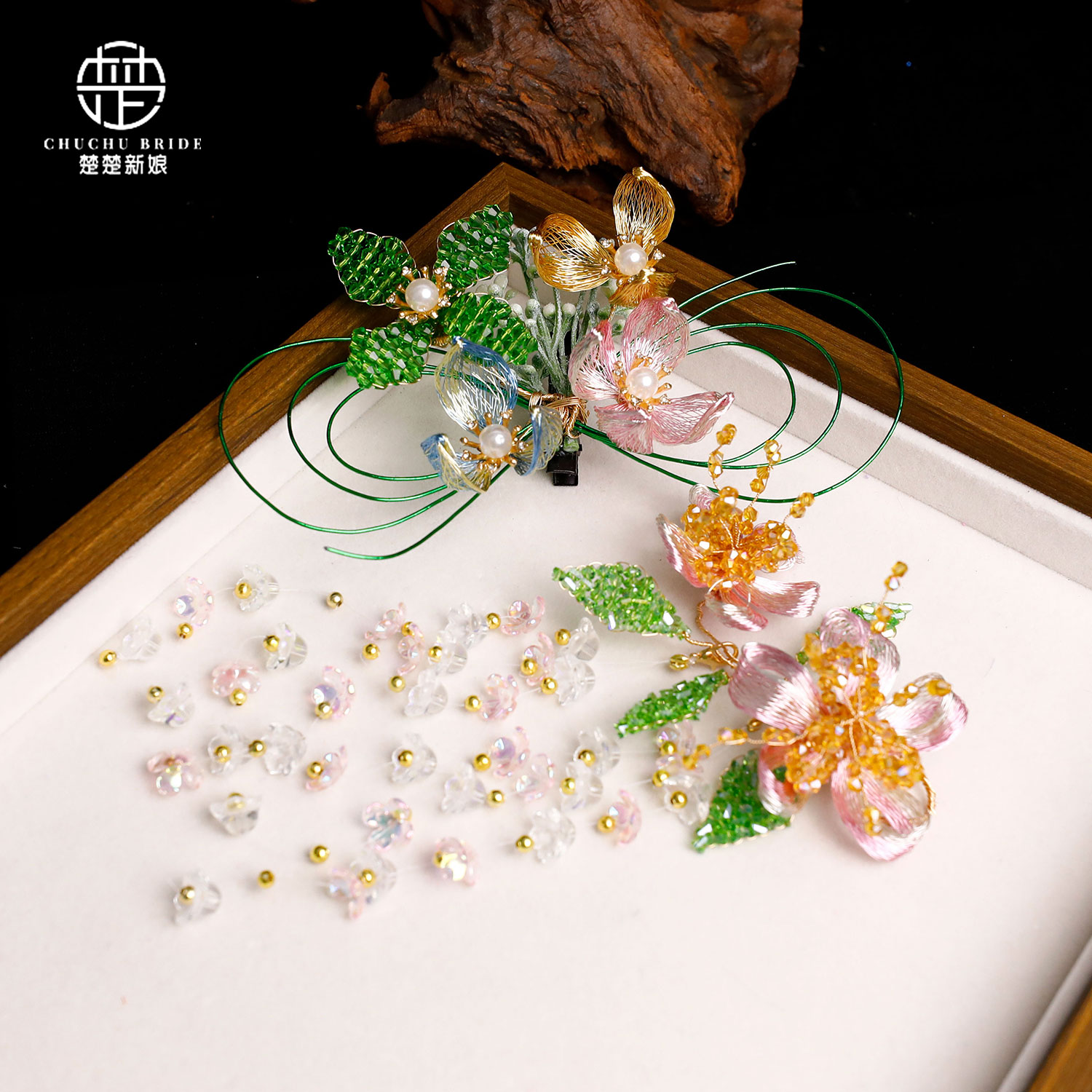 甜妹新款简约粉色清新古风森系新中式仿真花原创编制发簪气质花朵