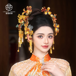 新款中式新娘古装秀禾发饰金色花朵水晶发钗古风簪子汉服头饰配饰