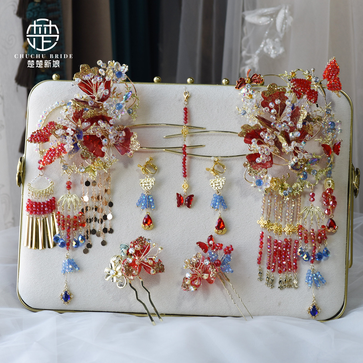 金红色秀禾新娘头饰新中式分体