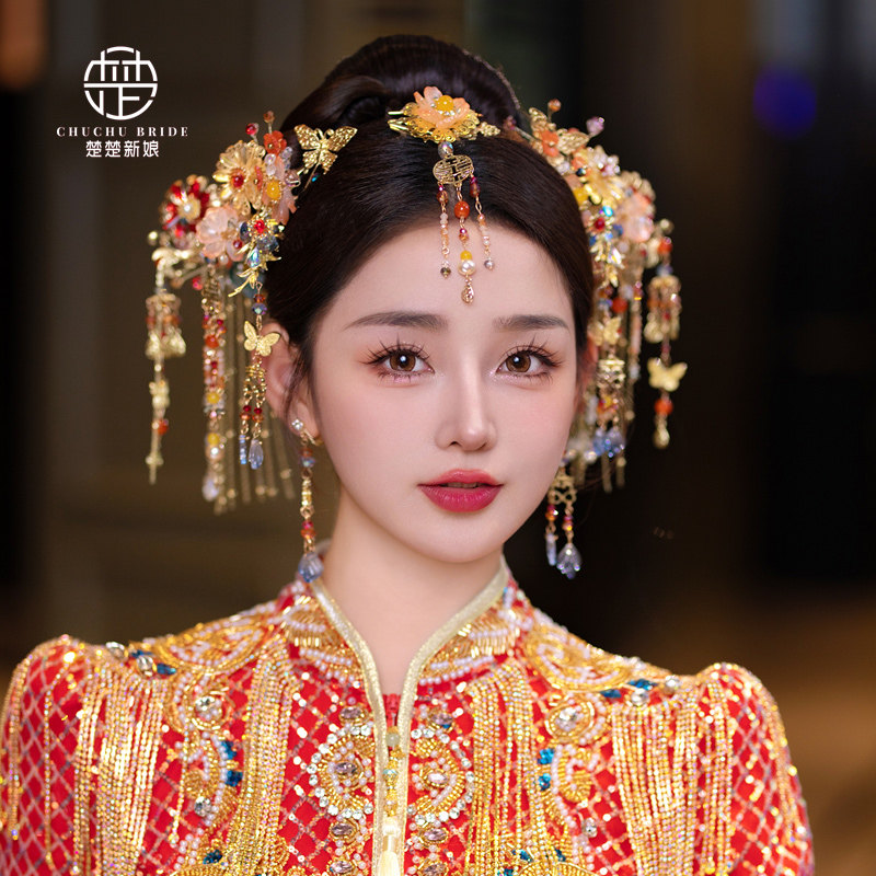 新娘新款眉心坠金色中式头饰大气花朵发簪秀禾服旗袍减龄发饰