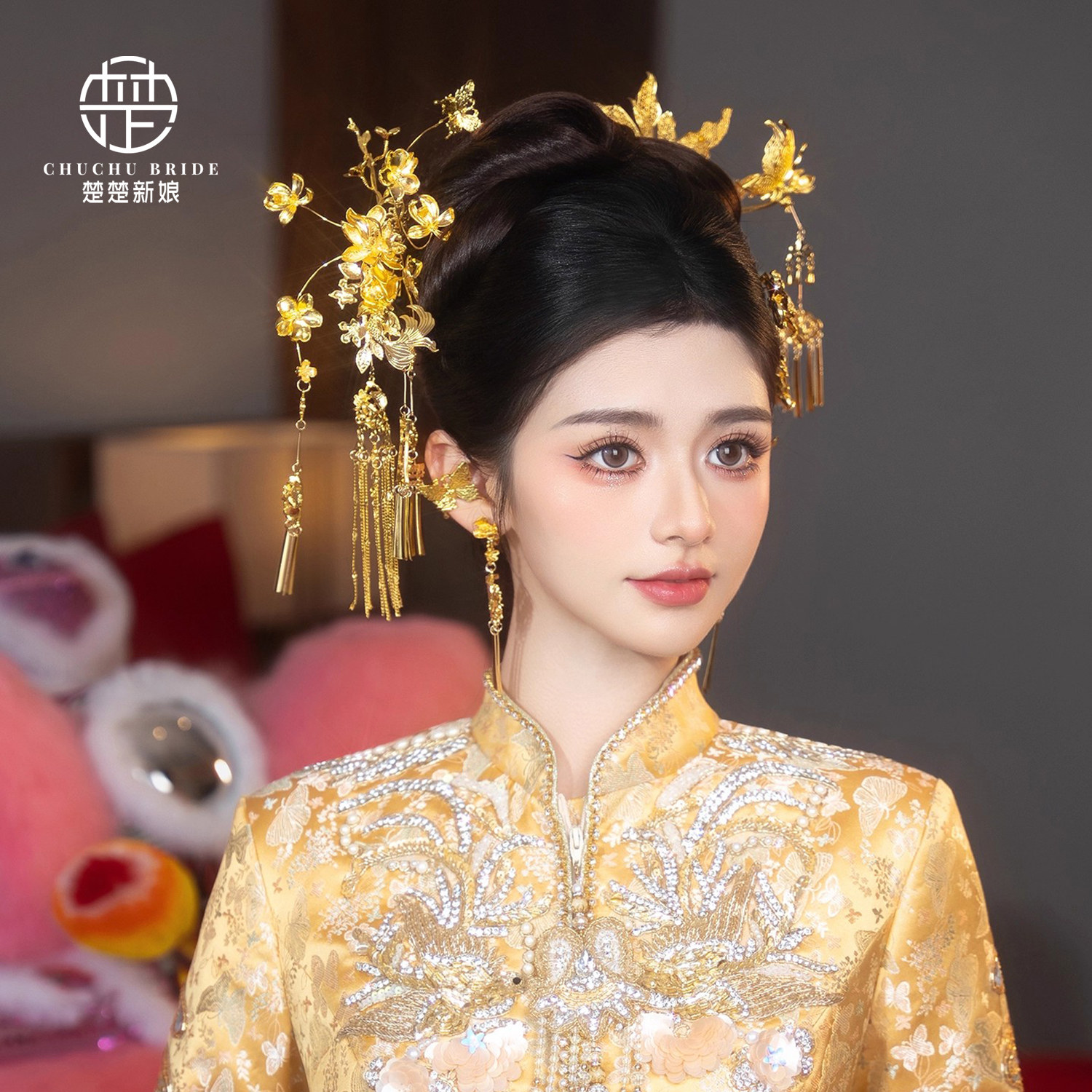 2025新款新娘金色重工新中式秀禾头饰发夹结婚晨袍龙凤褂发饰女