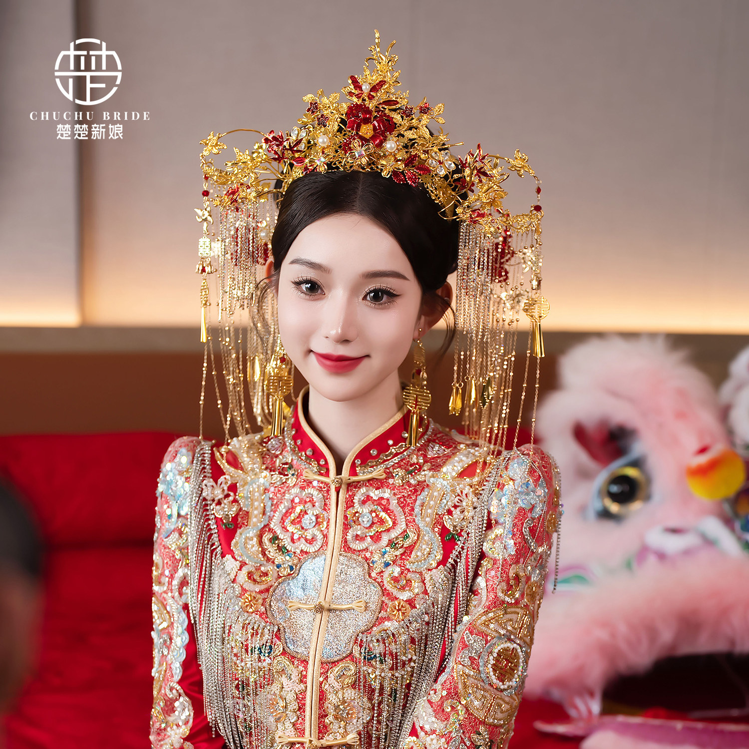 新娘头饰品国风汉服婚礼发饰凤冠古装古典大气前后冠复古传统婚礼