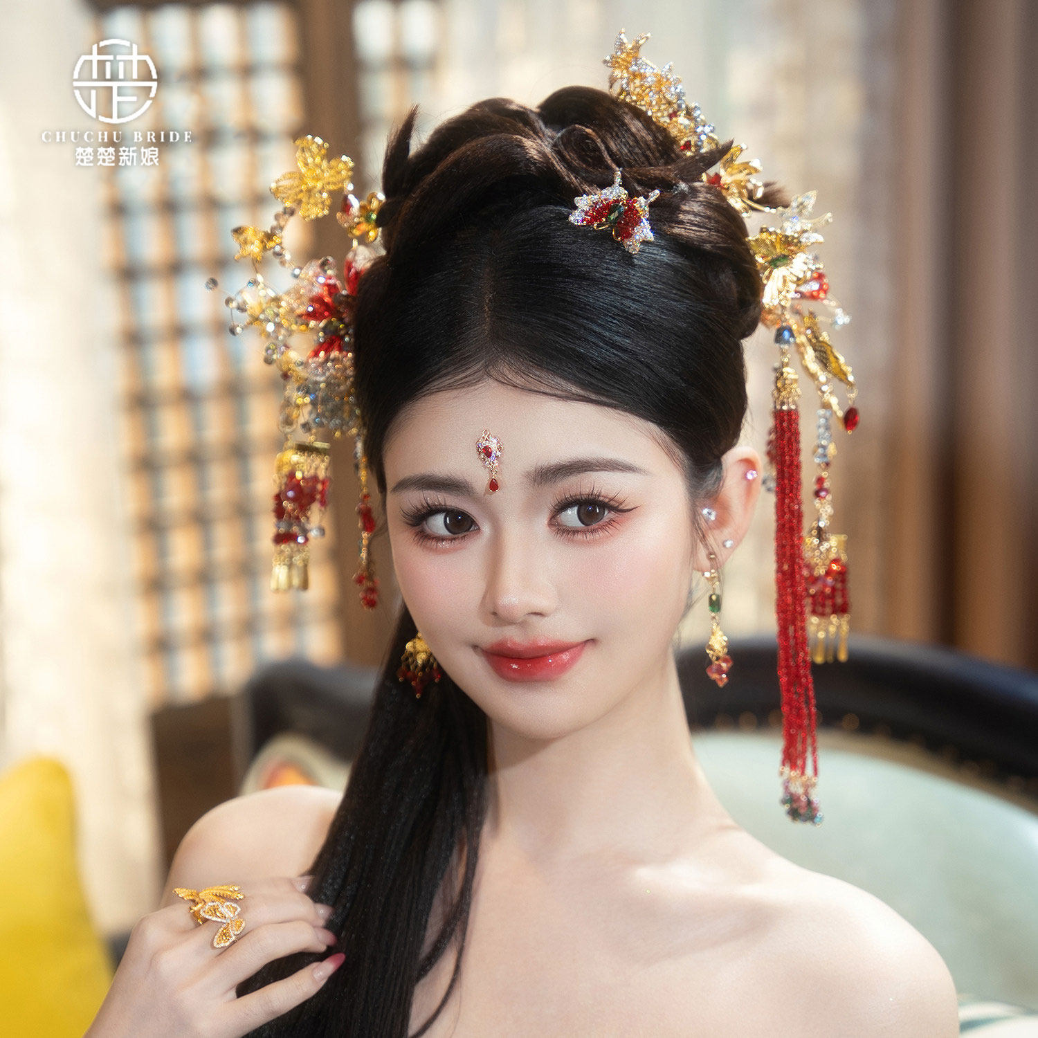 中国风金红花龙凤褂新娘发簪