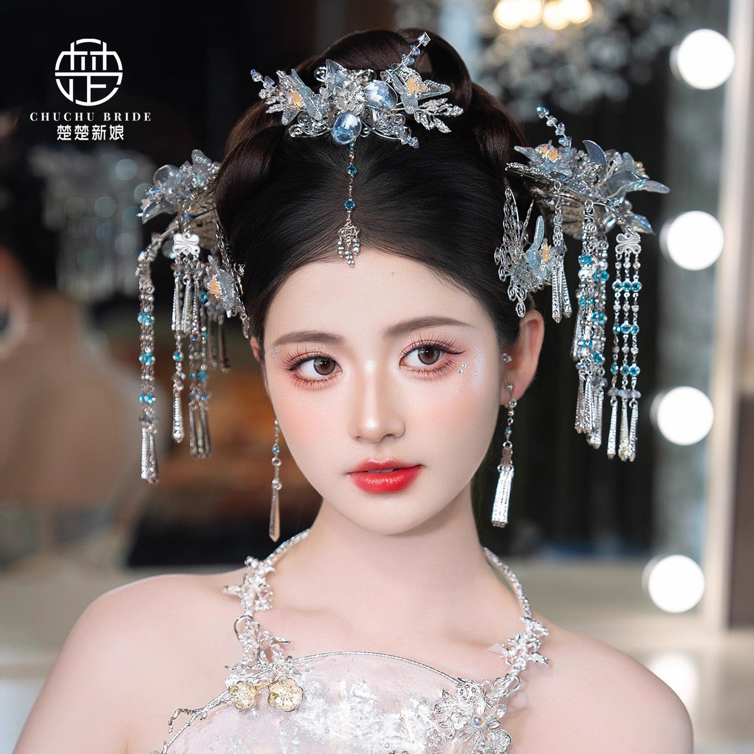 新娘龙凤褂旗袍发饰秀禾新中式国风新款蓝色造液花流苏发簪头饰
