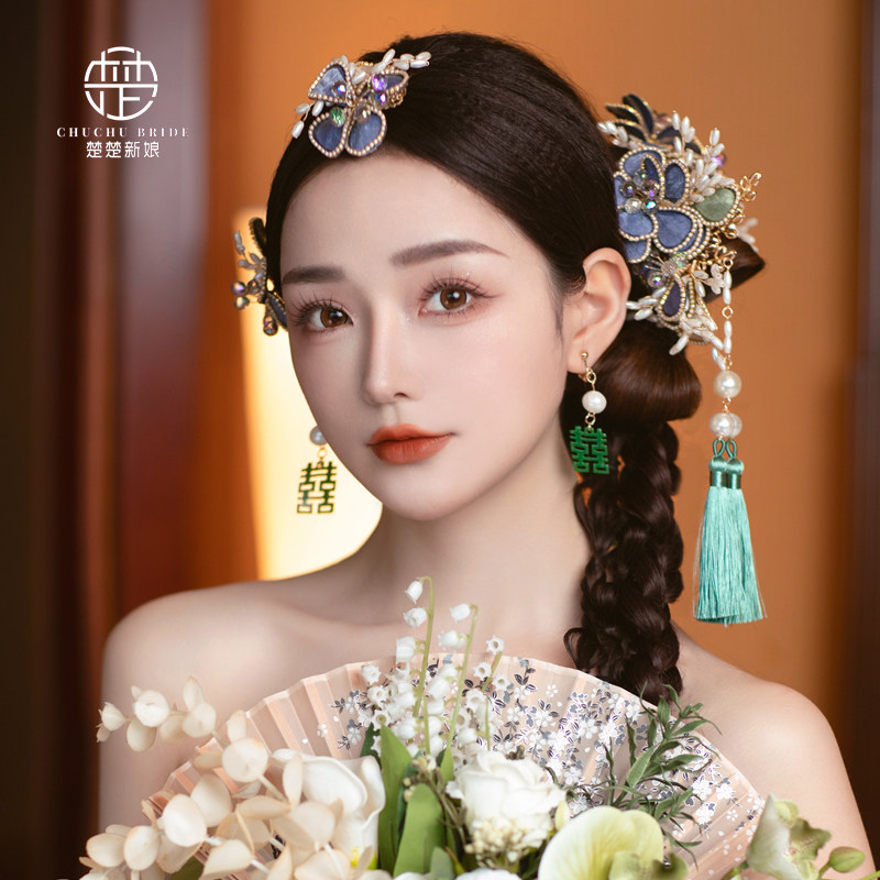 新款中式复古汉服花朵新娘结婚蓝色秀禾服头饰手工步瑶秀禾配饰