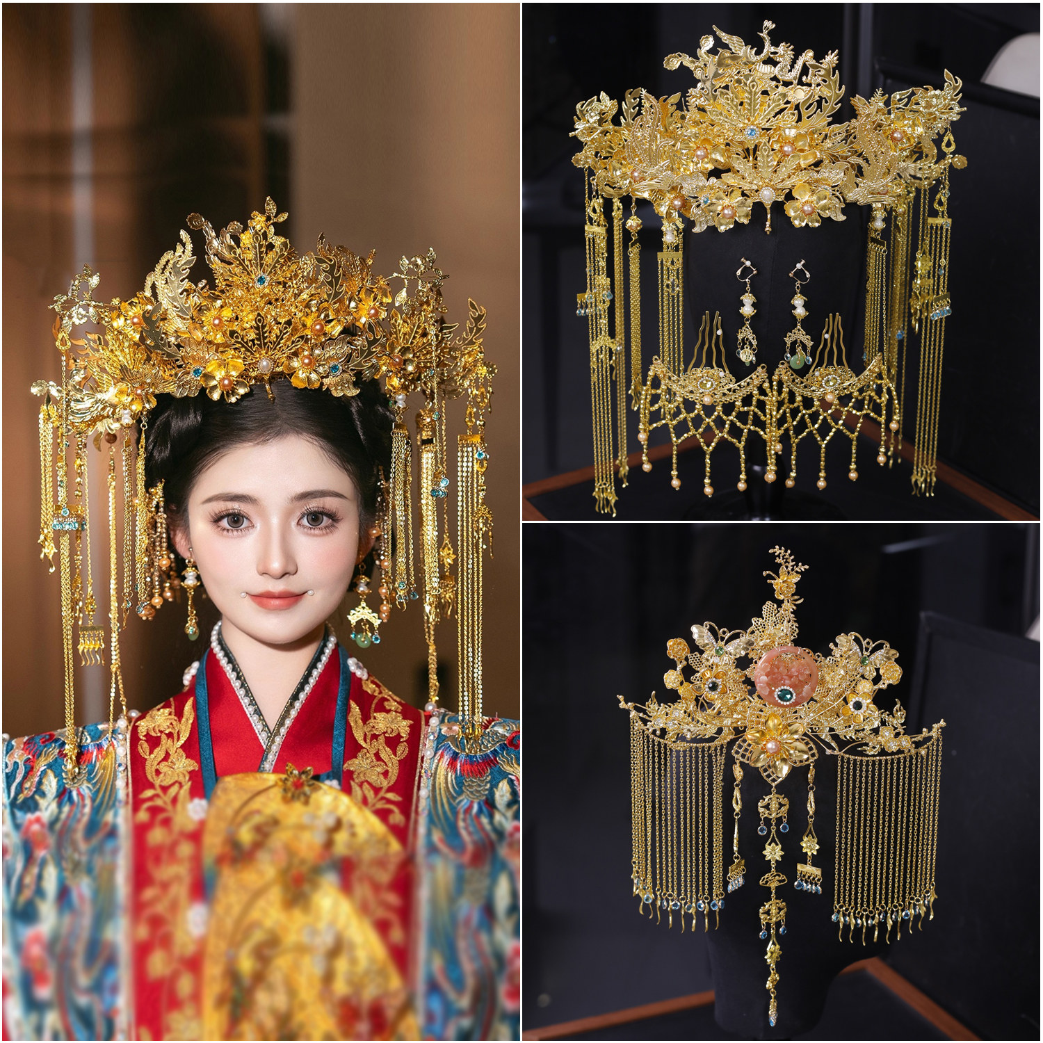 新款金色凤冠新娘头饰秀禾服汉服龙凤褂凤凰半冠戴后压婚礼发饰品