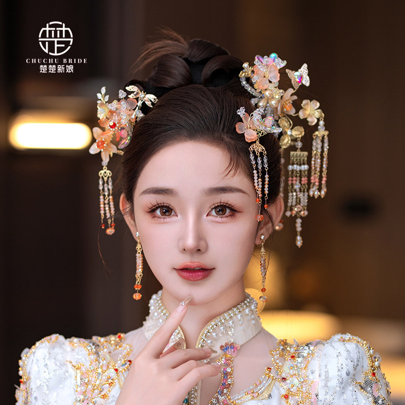 新中式新娘头饰套装流苏龙凤褂古风发饰结婚红色古装秀禾服凤冠