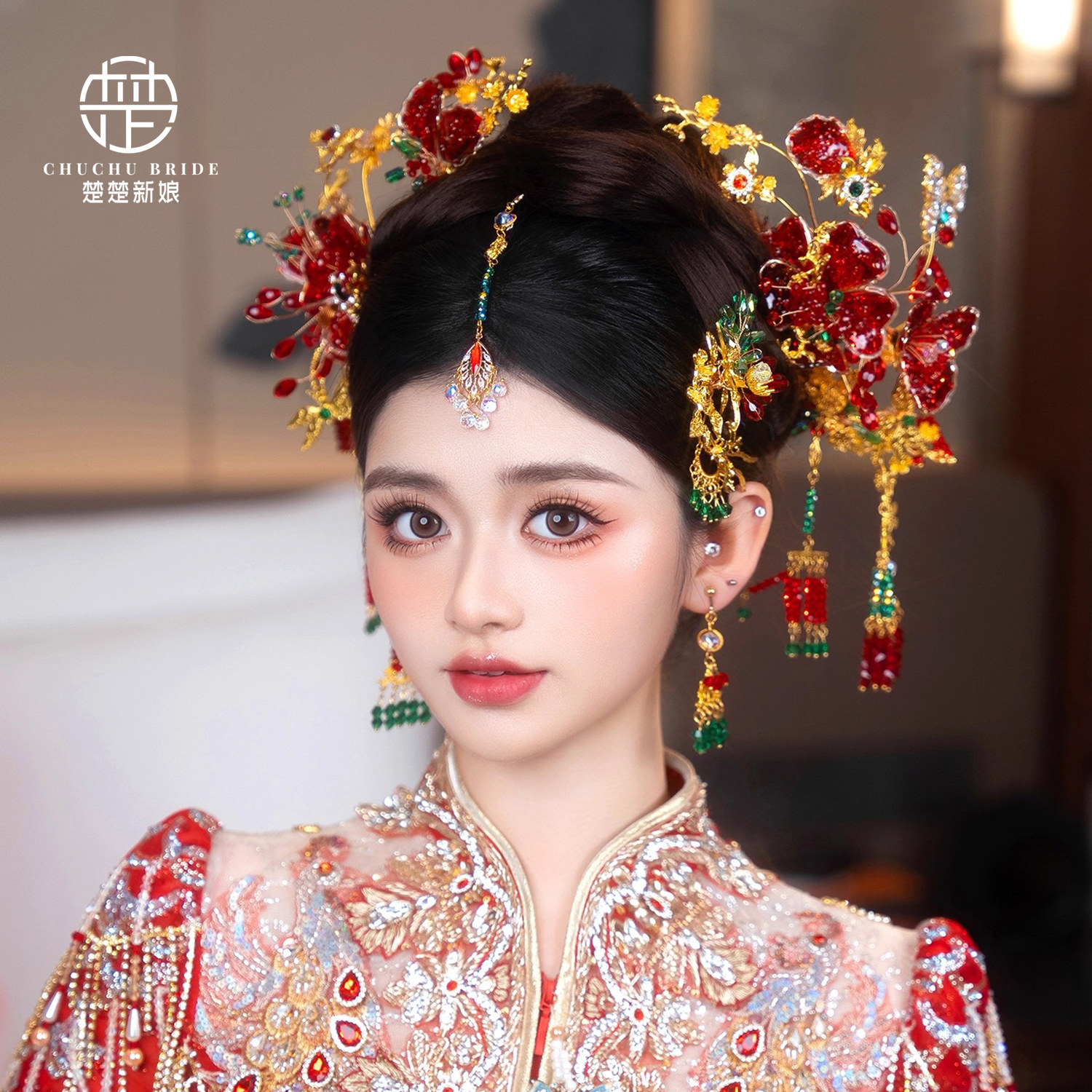 新娘新古装发饰红色秀禾头饰琉璃花流苏步摇眉心坠额饰中式婚礼