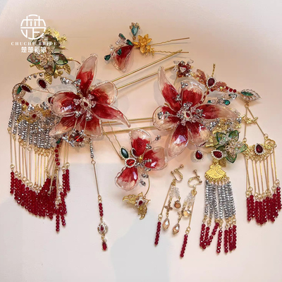 新中式新娘头饰秀禾服龙凤褂红色花朵发簪古典婚礼旗袍晨袍发饰