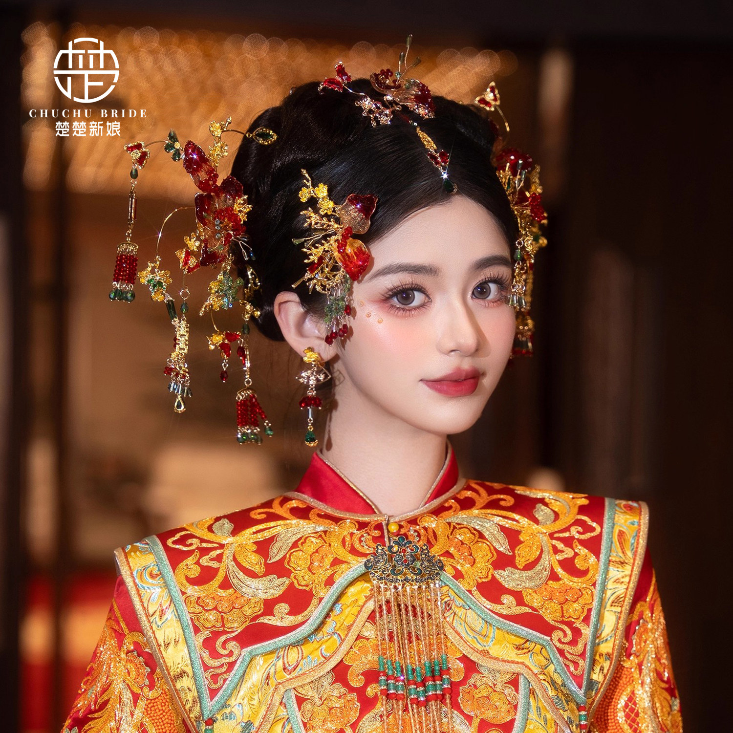 新娘金色新中式秀禾头饰边夹结婚龙凤褂减龄发饰发簪2025新款