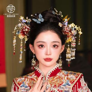 2025新娘头饰中式婚礼古装发饰红蓝秀禾服配饰精致蝴蝶钗马面裙配