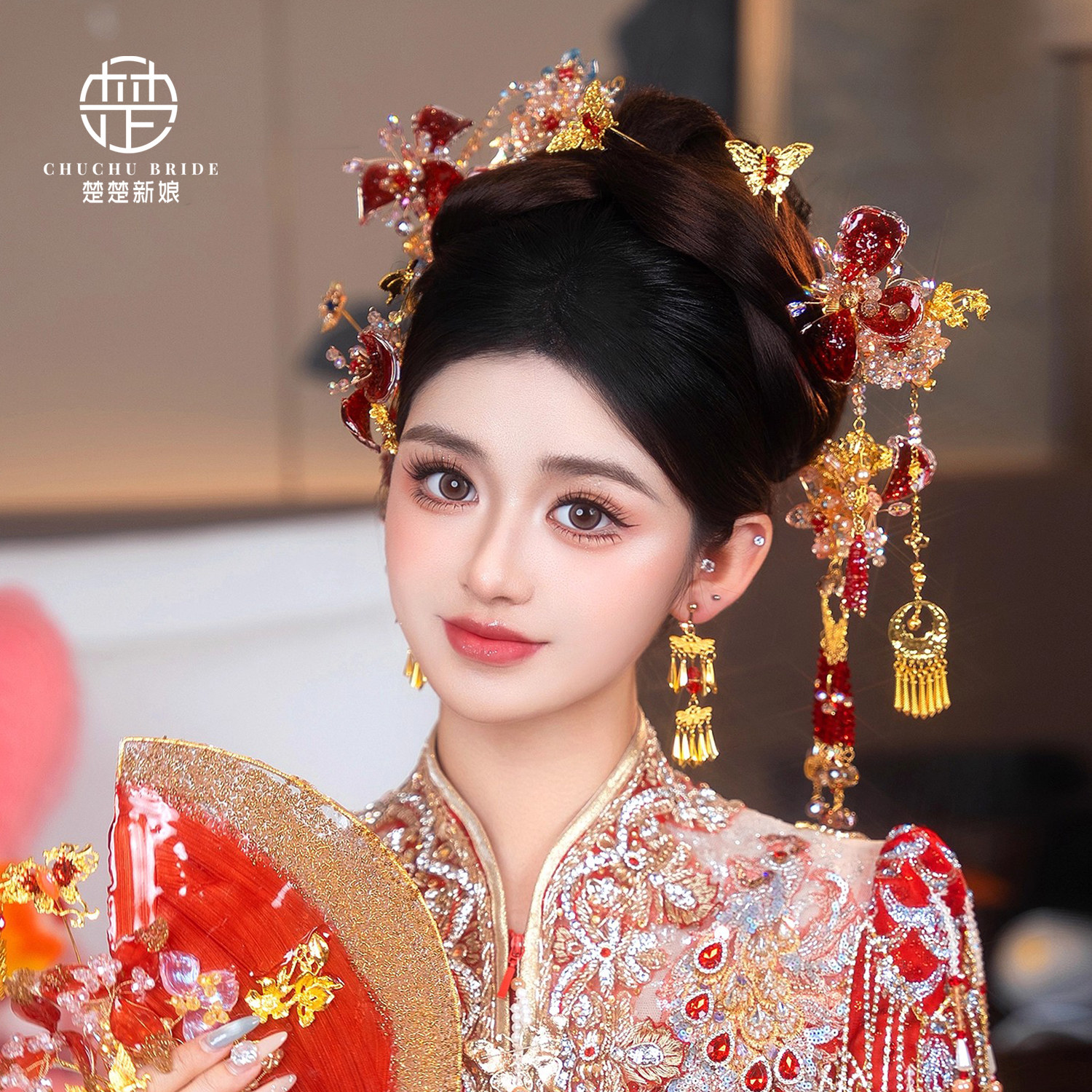 新中式秀禾头饰结婚旗袍新娘饰品古装龙凤褂头饰简约古风步摇配饰