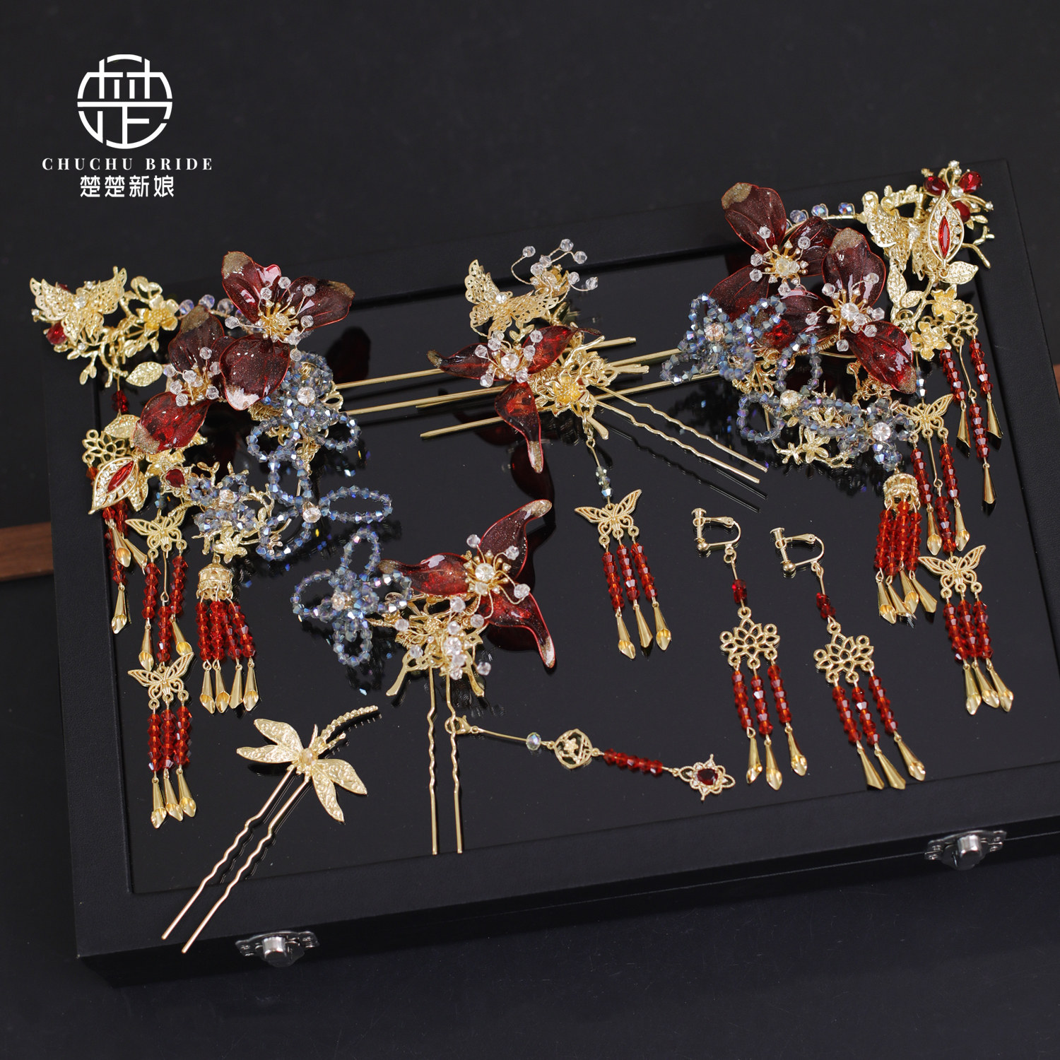 红金色新娘头饰晨袍旗袍百搭跟妆饰品中式秀禾服发饰滴胶花朵发簪