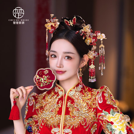 新款中式古典秀禾服简约大气古风琉璃红色花朵新娘结婚秀禾头饰
