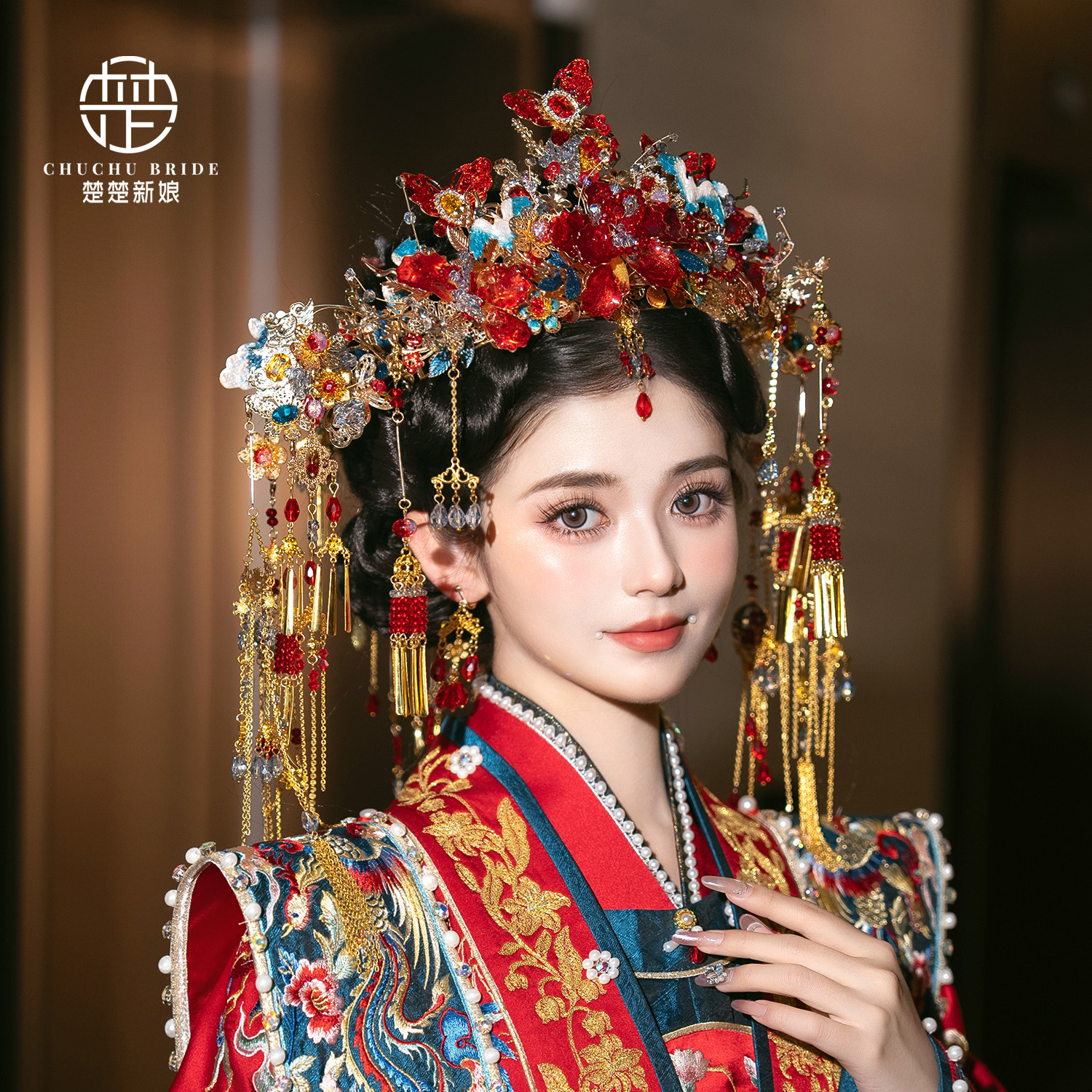 新娘头饰中式半冠红金色流苏大气古典造型汉服婚礼华丽古装发饰品