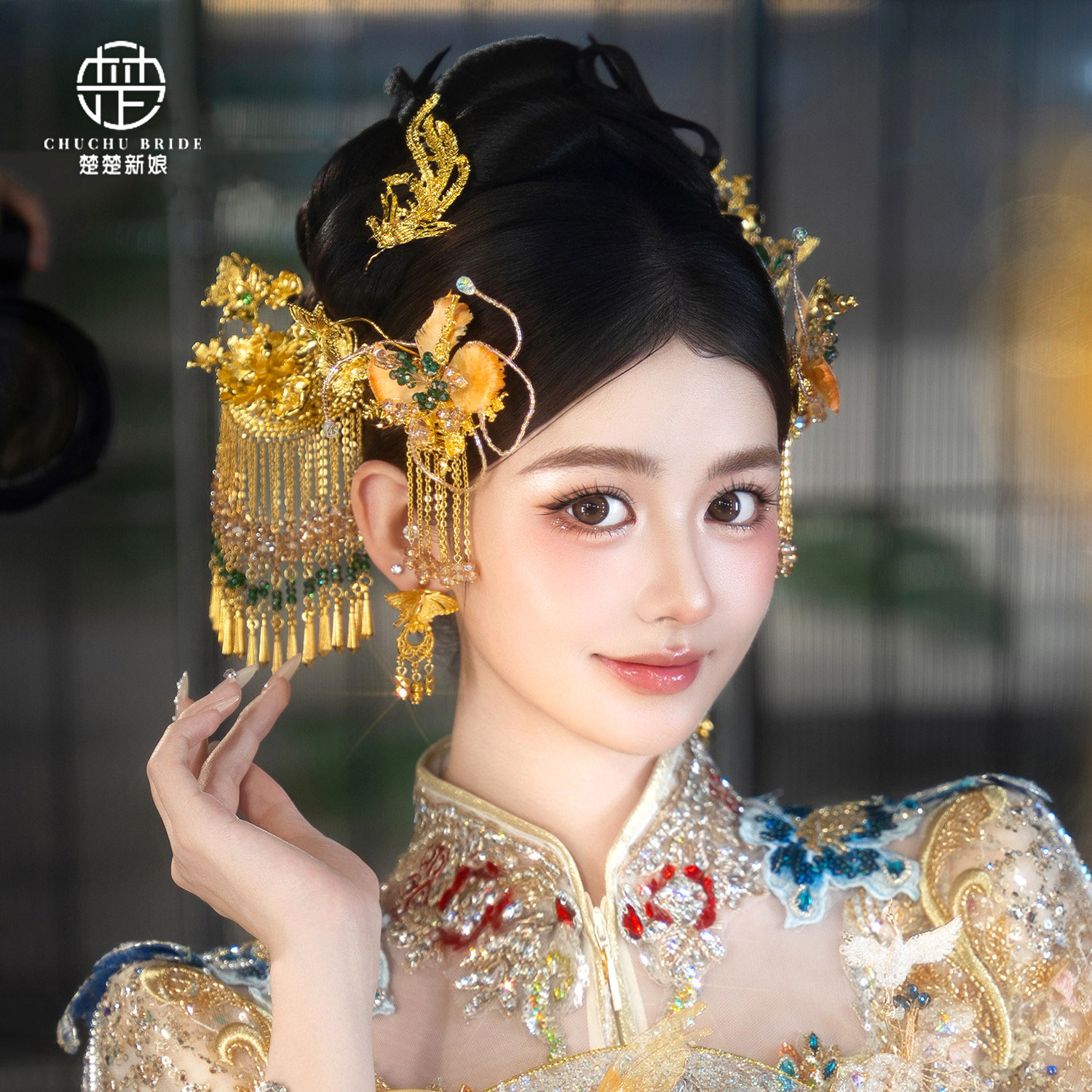 新中式婚礼头饰金色绒花发夹秀禾服旗袍晨袍马面裙发饰龙凤褂减龄