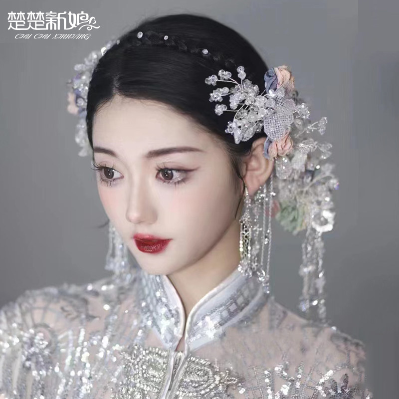 浅色秀禾新娘头饰发饰边夹步摇流苏后压金色中式婚礼额饰古装