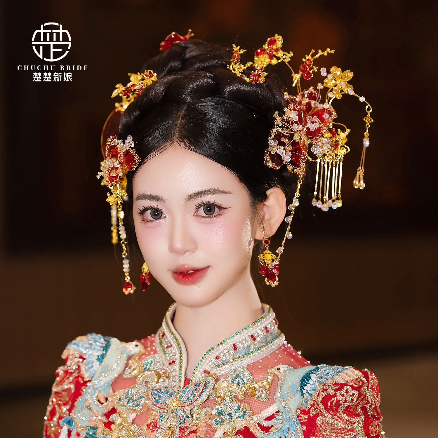 新款中式新娘头饰金红色造液花