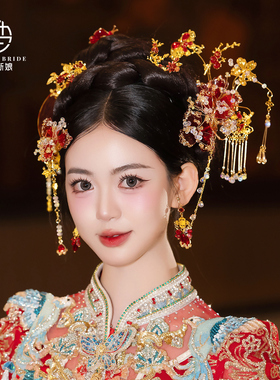 新款中式新娘头饰金红色造液花古风发饰流苏发簪秀禾服结婚发饰品